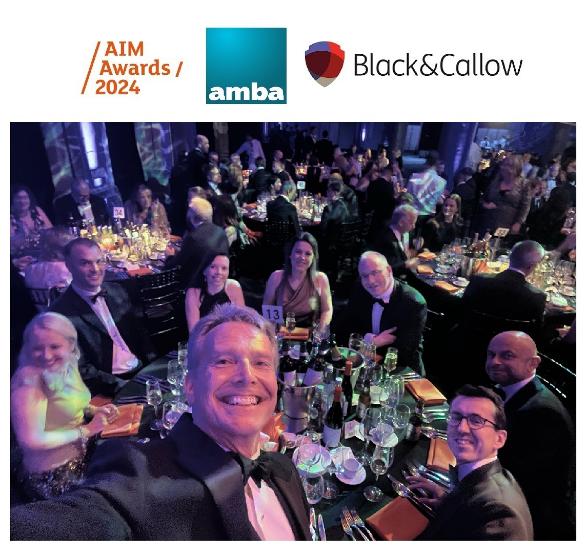 Aiming high: B&C and AMBA CoSec at the AIM Awards dinner, 10th October 2024: